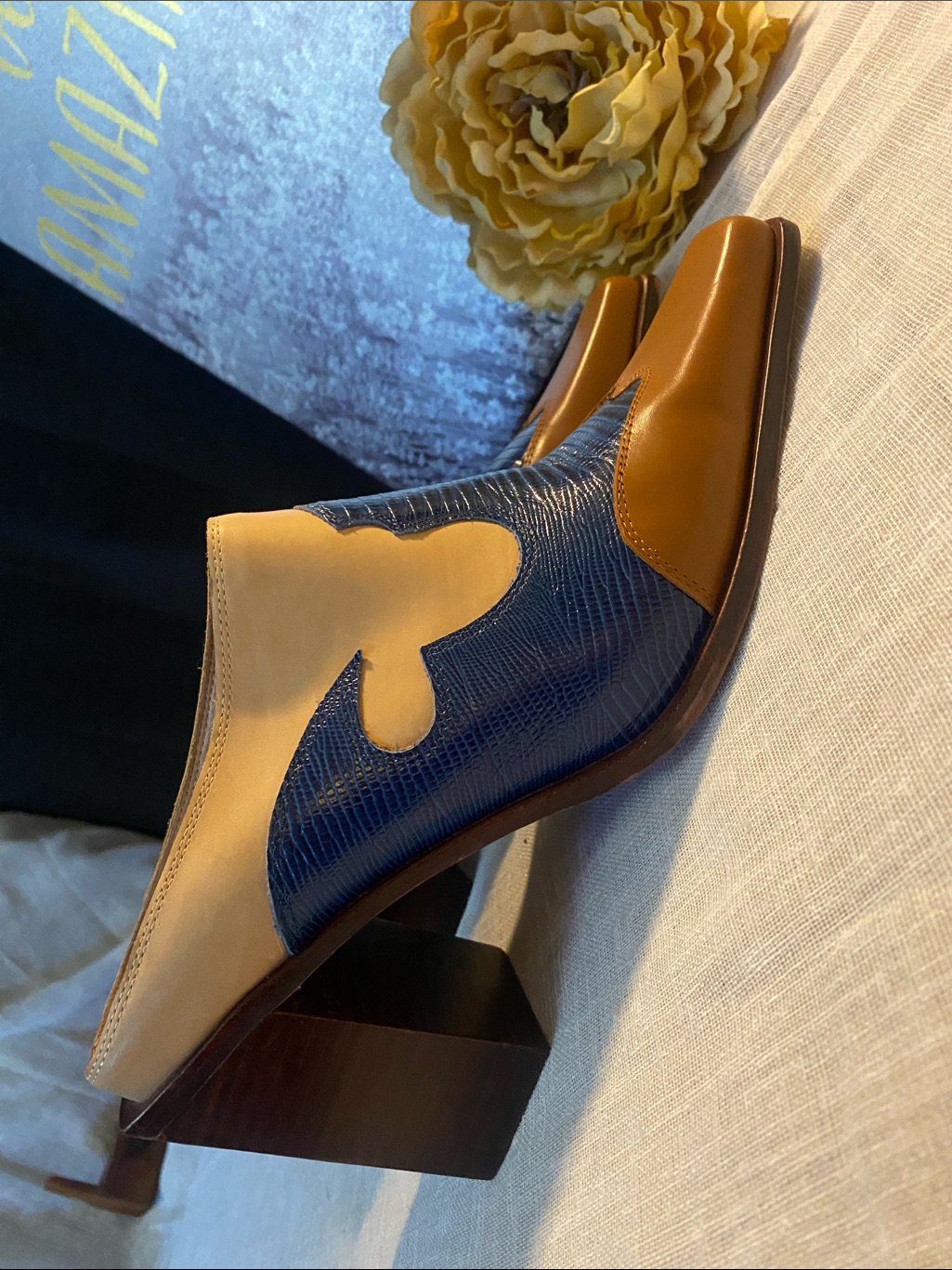 Jeffrey Campbell Sz 10 Blue, Tan & Camel Leather Mule Cowgirl Boots Heels